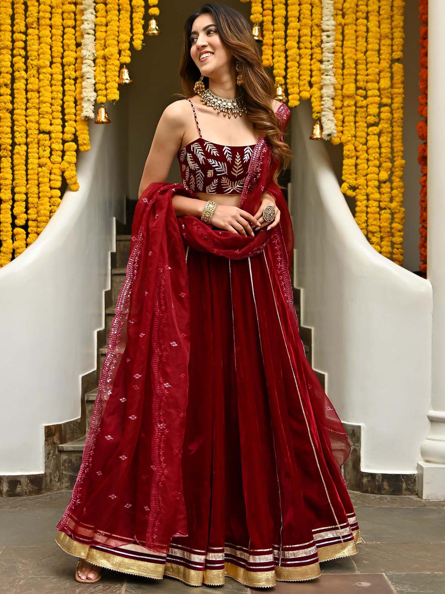 Maroon Velvet Lehenga Set