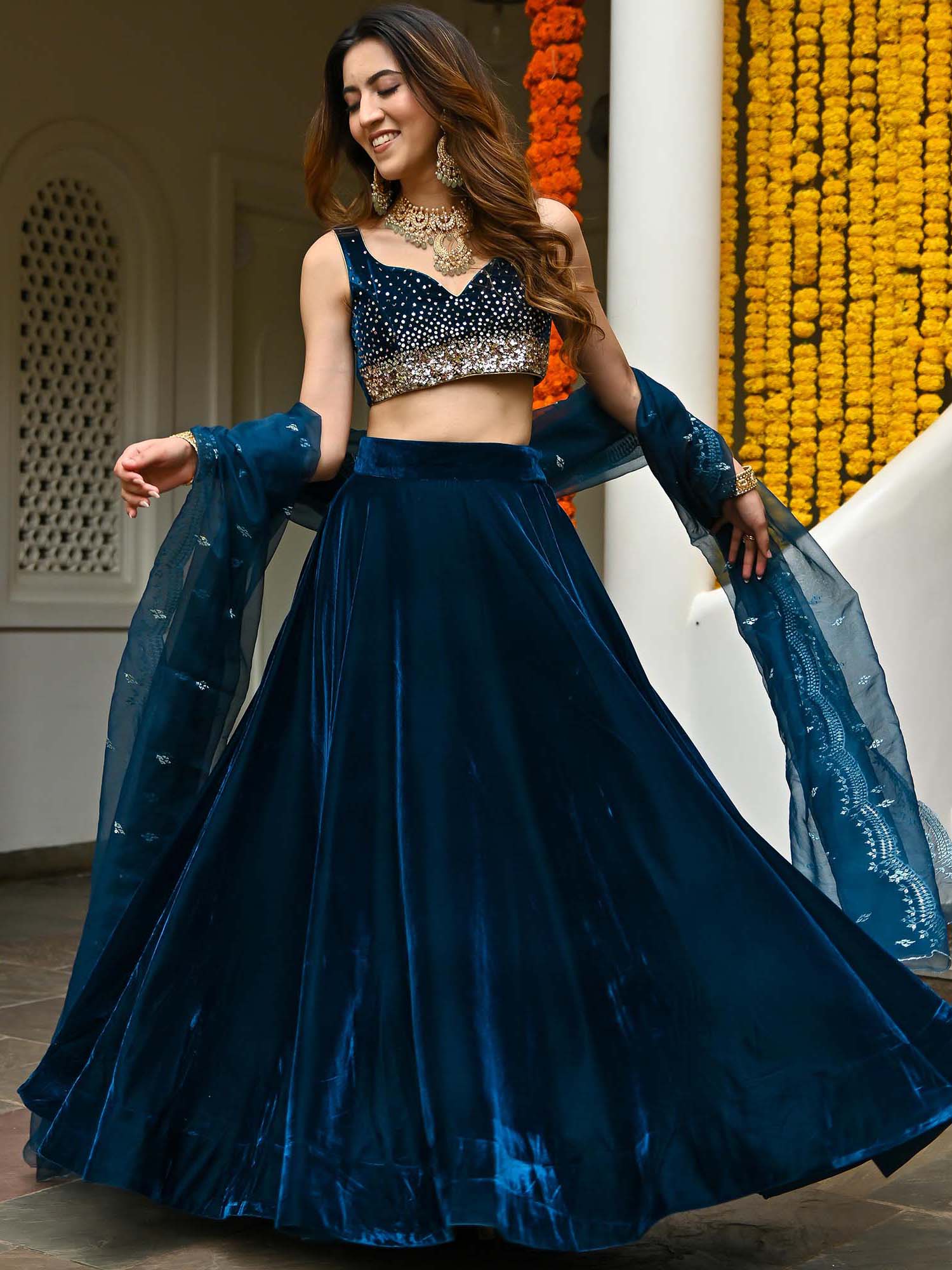 Blue Velvet Lehenga Set