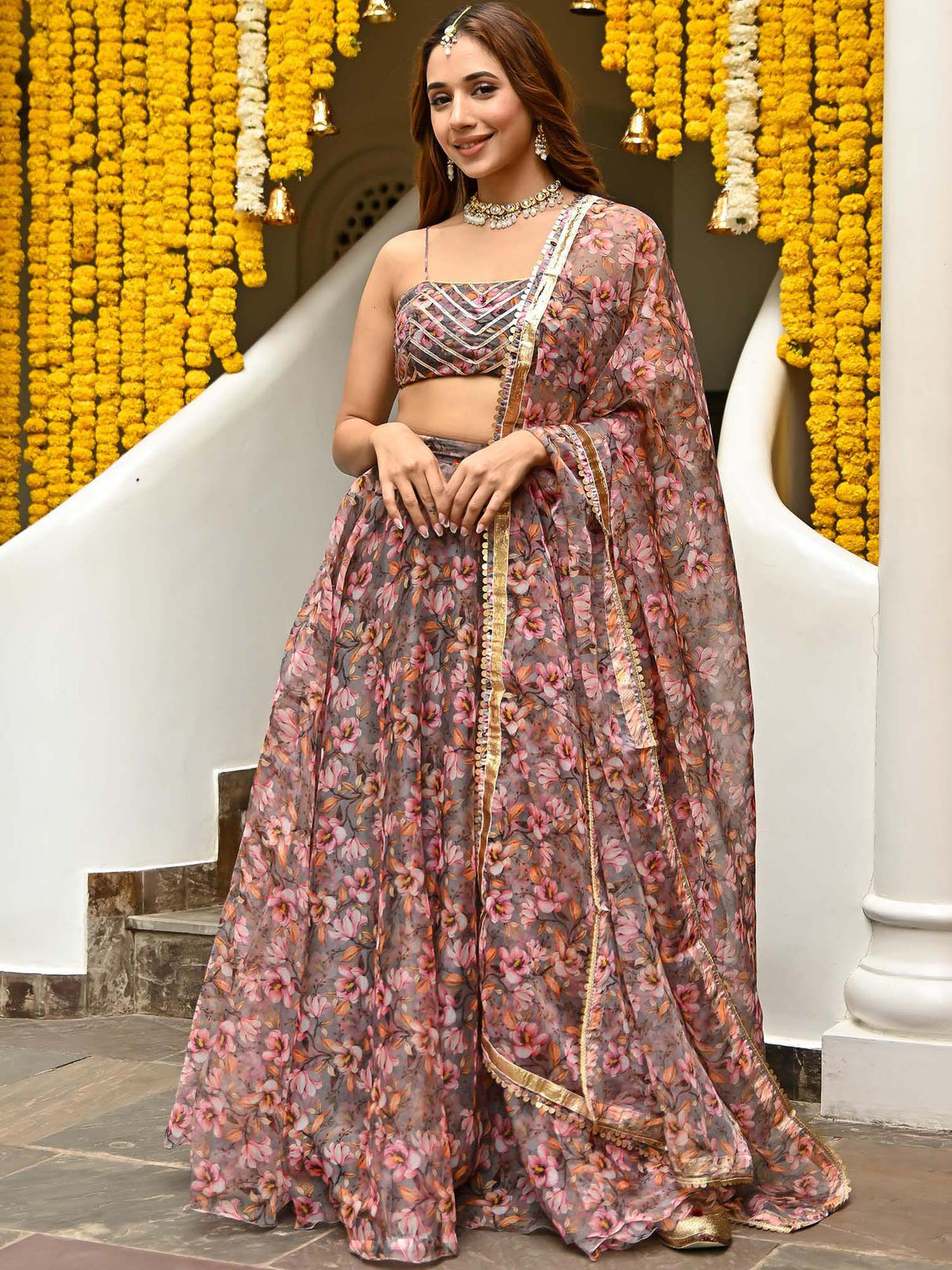 Grey Organza Printed Lehenga