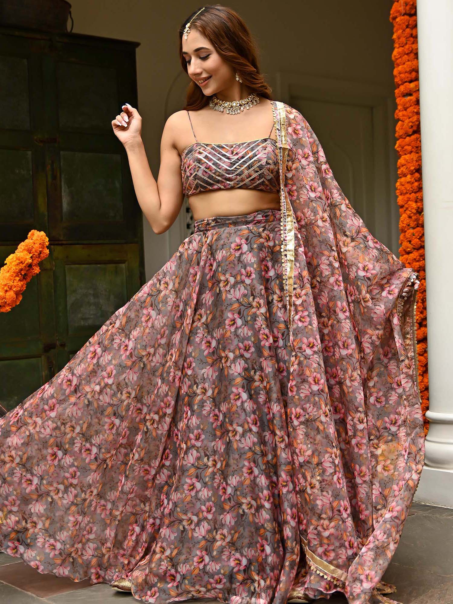 Grey Organza Printed Lehenga