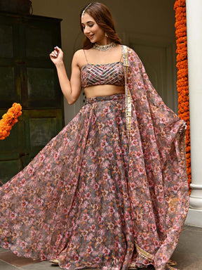 Grey Organza Printed Lehenga