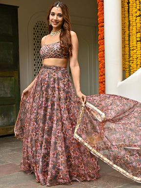 Grey Organza Printed Lehenga