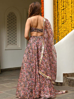 Grey Organza Printed Lehenga