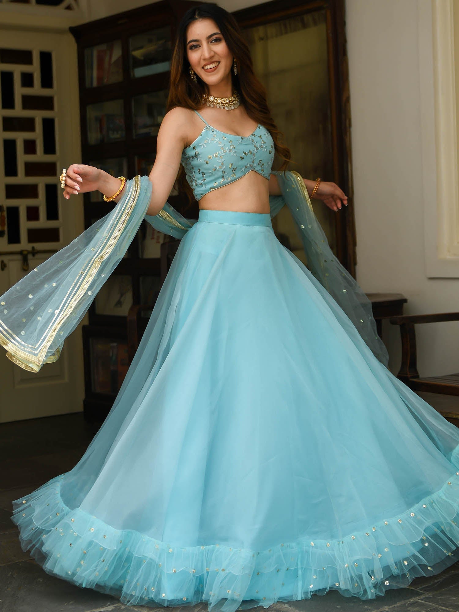 Sky Blue Organza Lehenga Set