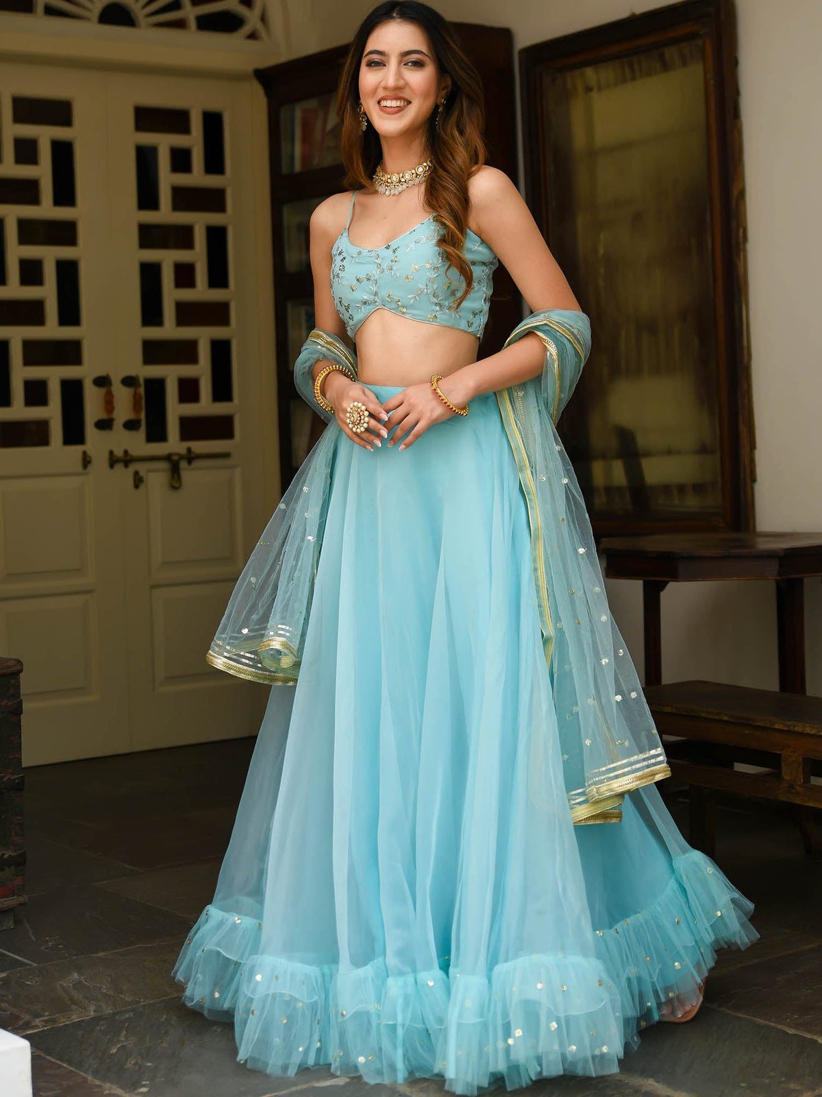 Sky Blue Organza Lehenga Set