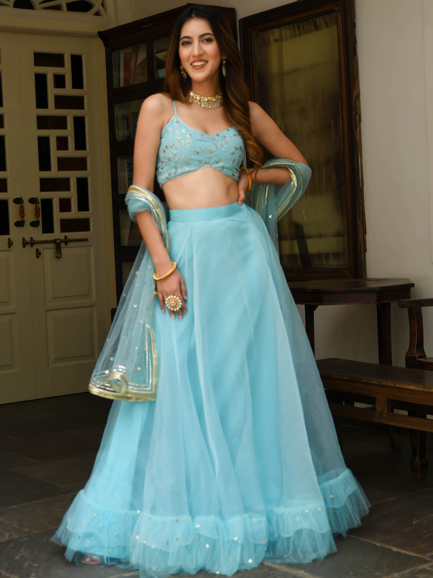 Sky Blue Organza Lehenga Set