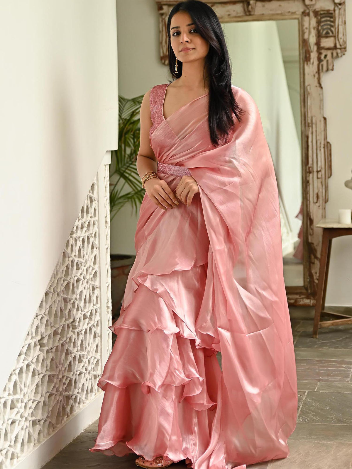 Pink Sequin Organza Ruffle Saree