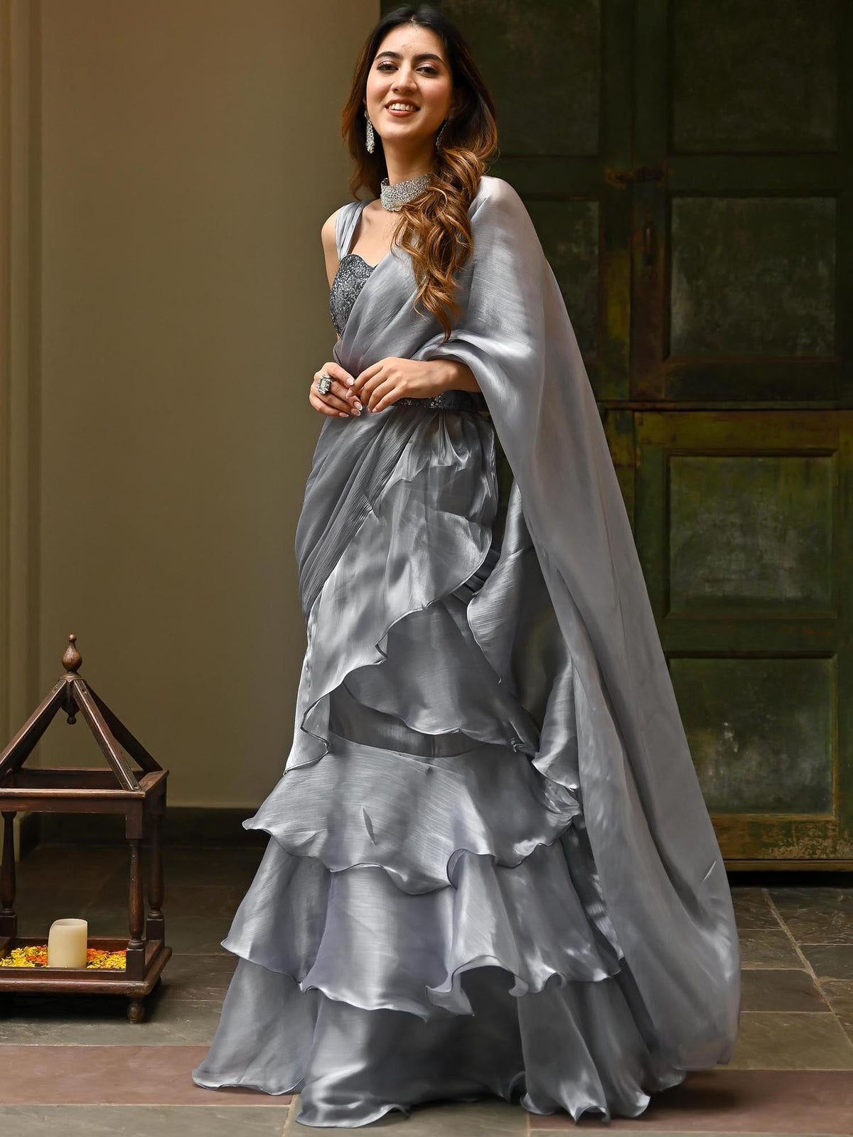 Grey Sequins Organza Ruffle Saree