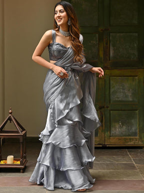 Grey Sequins Organza Ruffle Saree