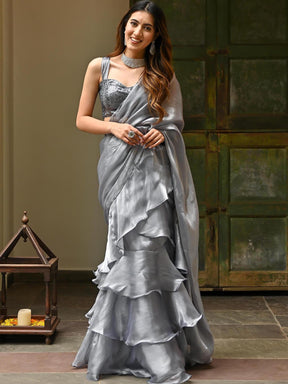 Grey Sequins Organza Ruffle Saree