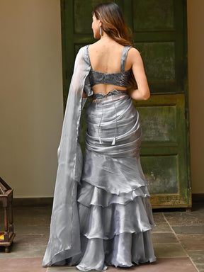 Grey Sequins Organza Ruffle Saree