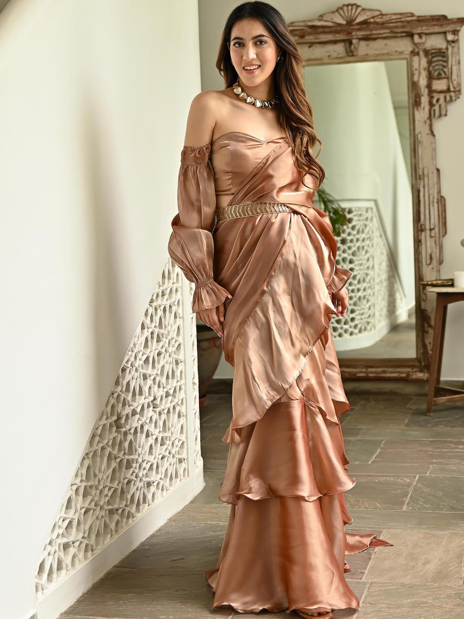 Brown Organza Ruffle Saree