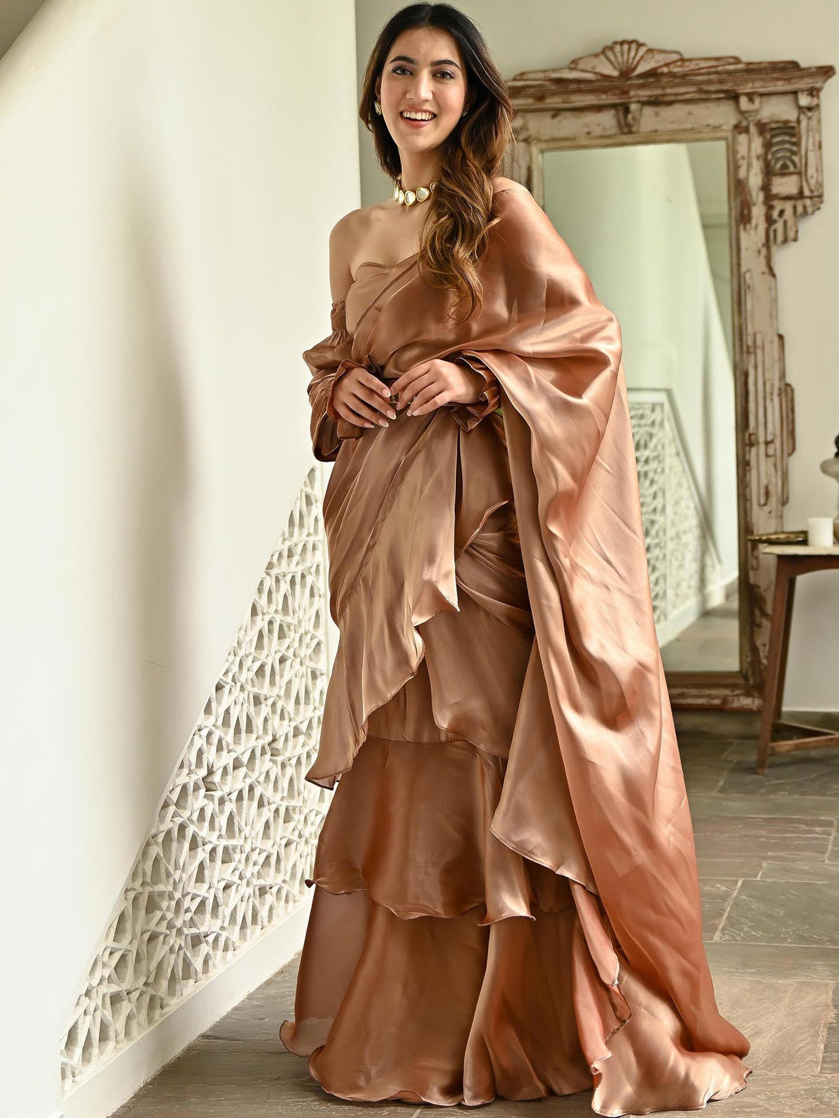 Brown Organza Ruffle Saree