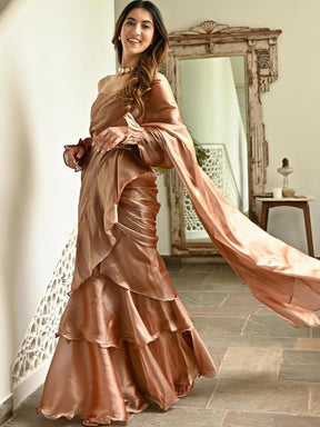 Brown Organza Ruffle Saree