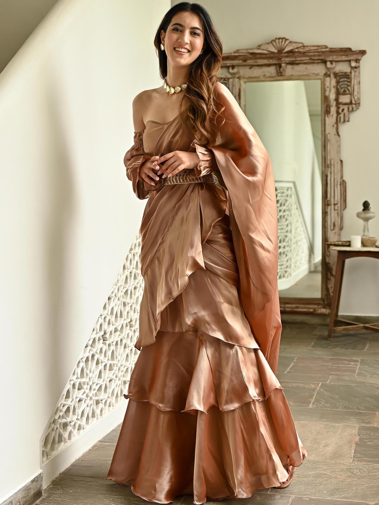 Brown Organza Ruffle Saree