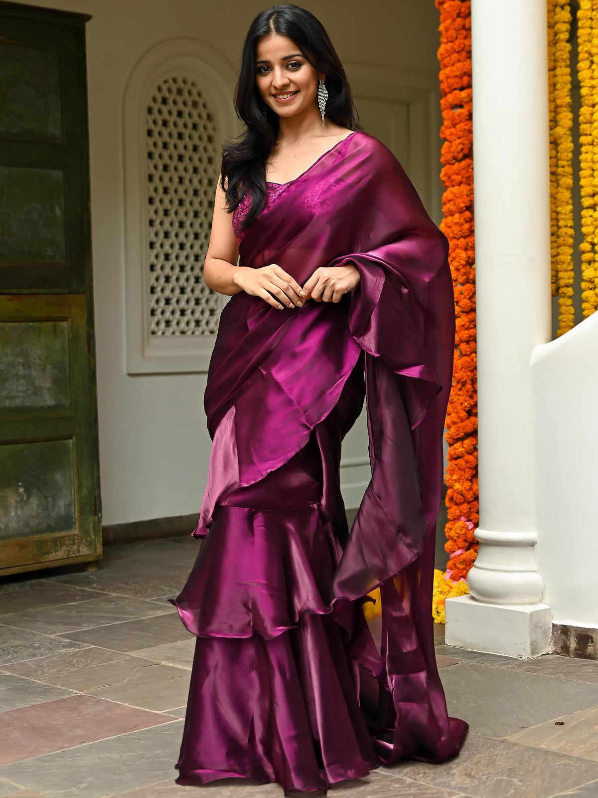 Magenta Organza Ruffle Saree