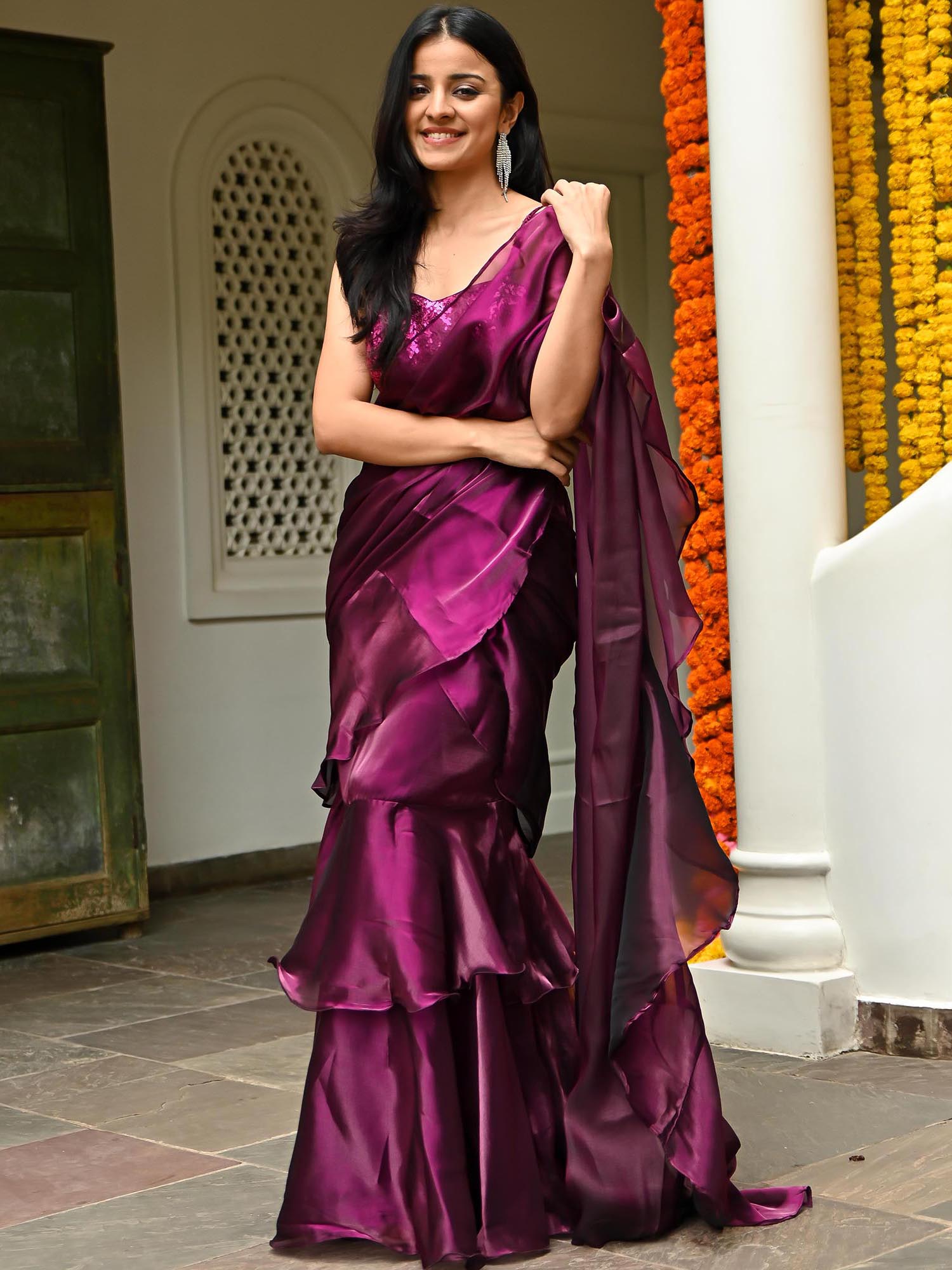 Magenta Organza Ruffle Saree