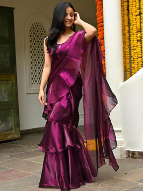 Magenta Organza Ruffle Saree