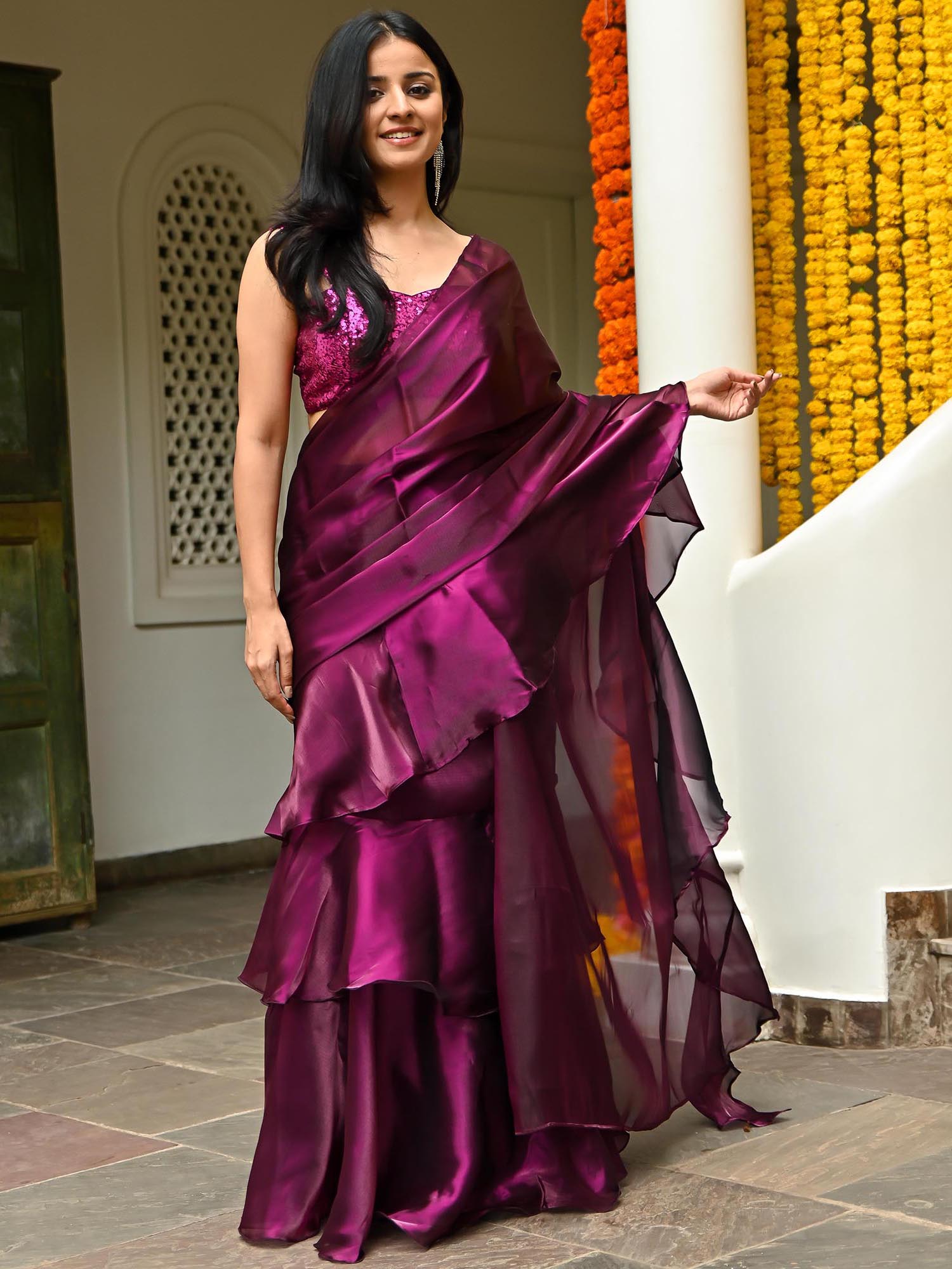 Magenta Organza Ruffle Saree