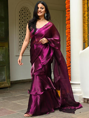 Magenta Organza Ruffle Saree