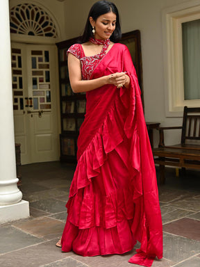 Pink Silk Ruffle Saree