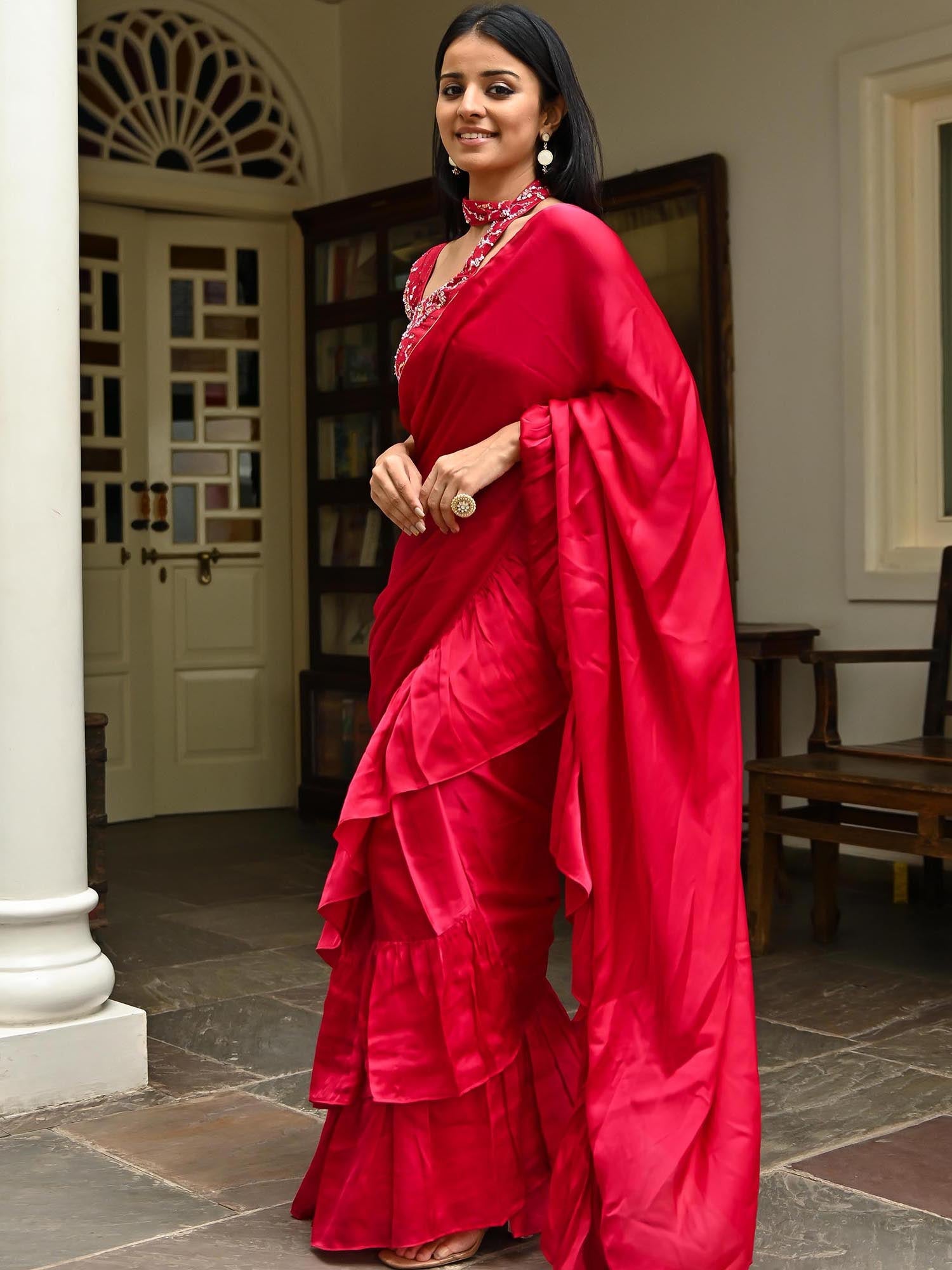 Pink Silk Ruffle Saree