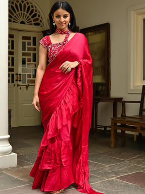 Pink Silk Ruffle Saree