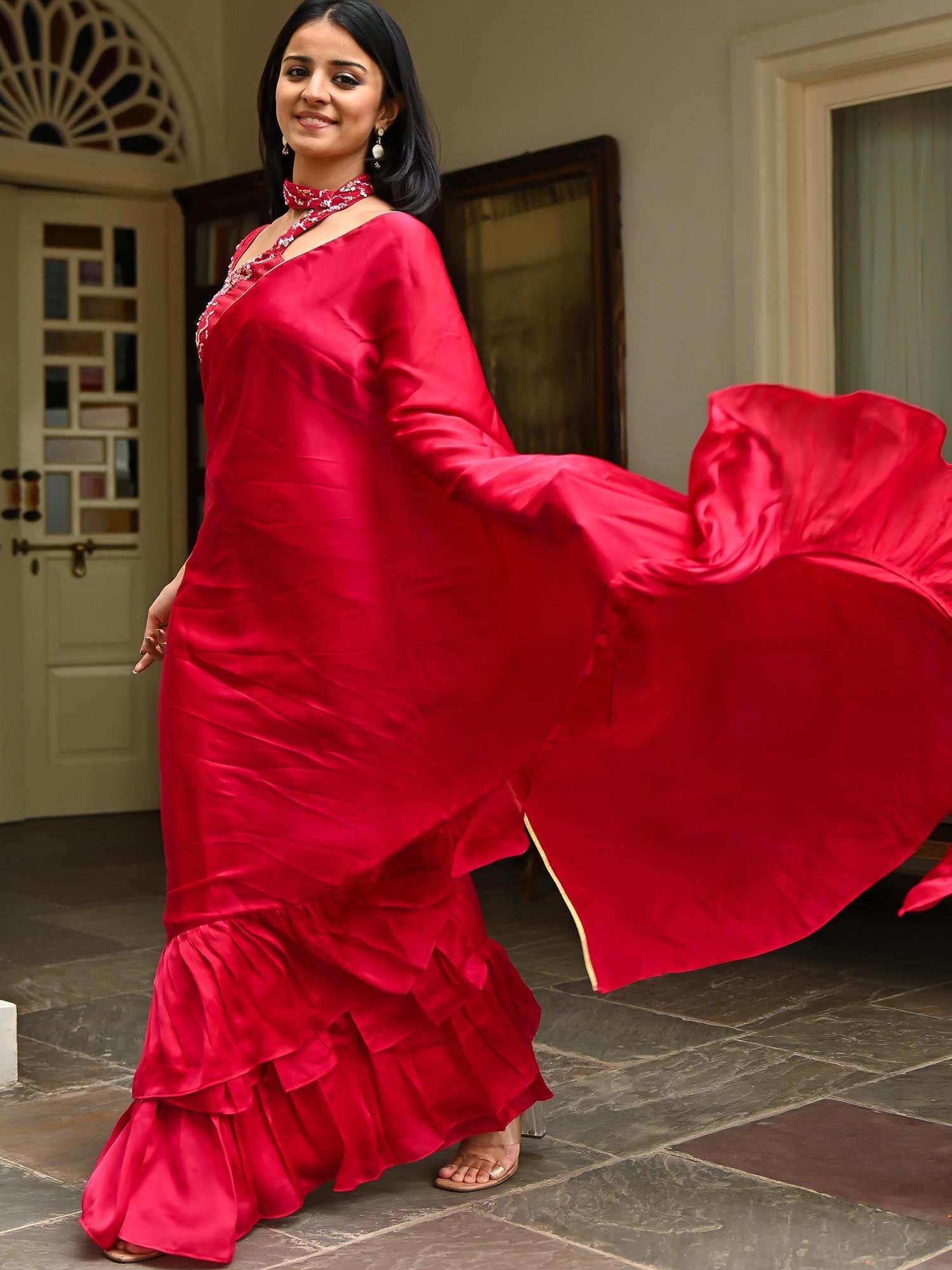 Pink Silk Ruffle Saree