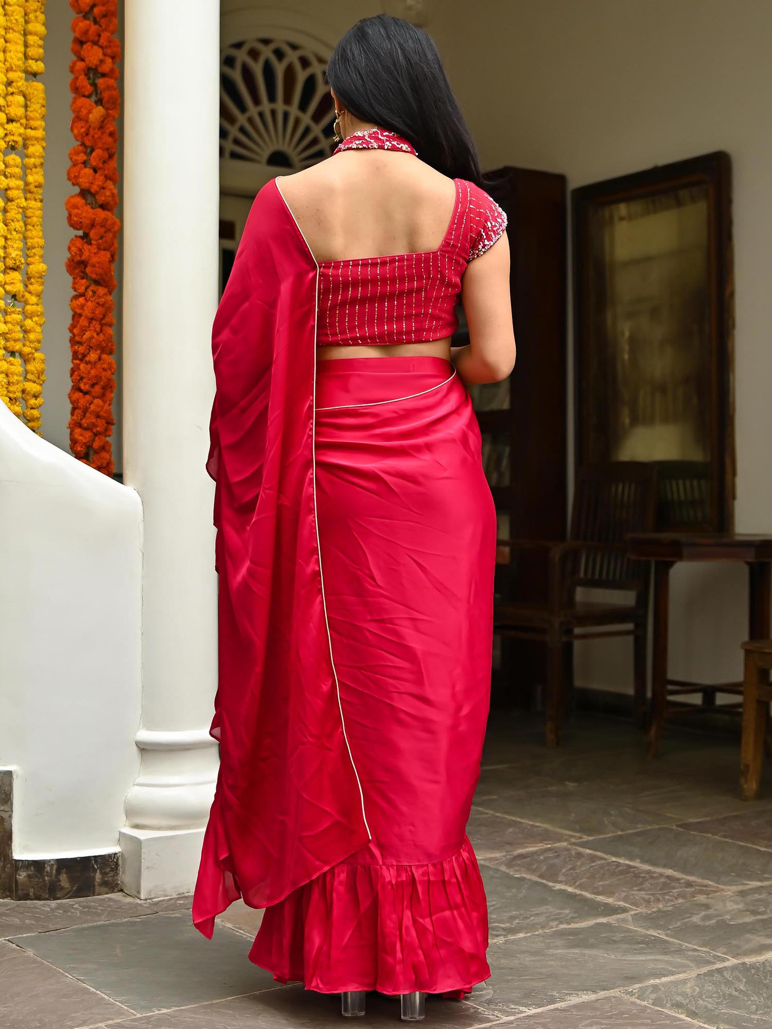 Pink Silk Ruffle Saree