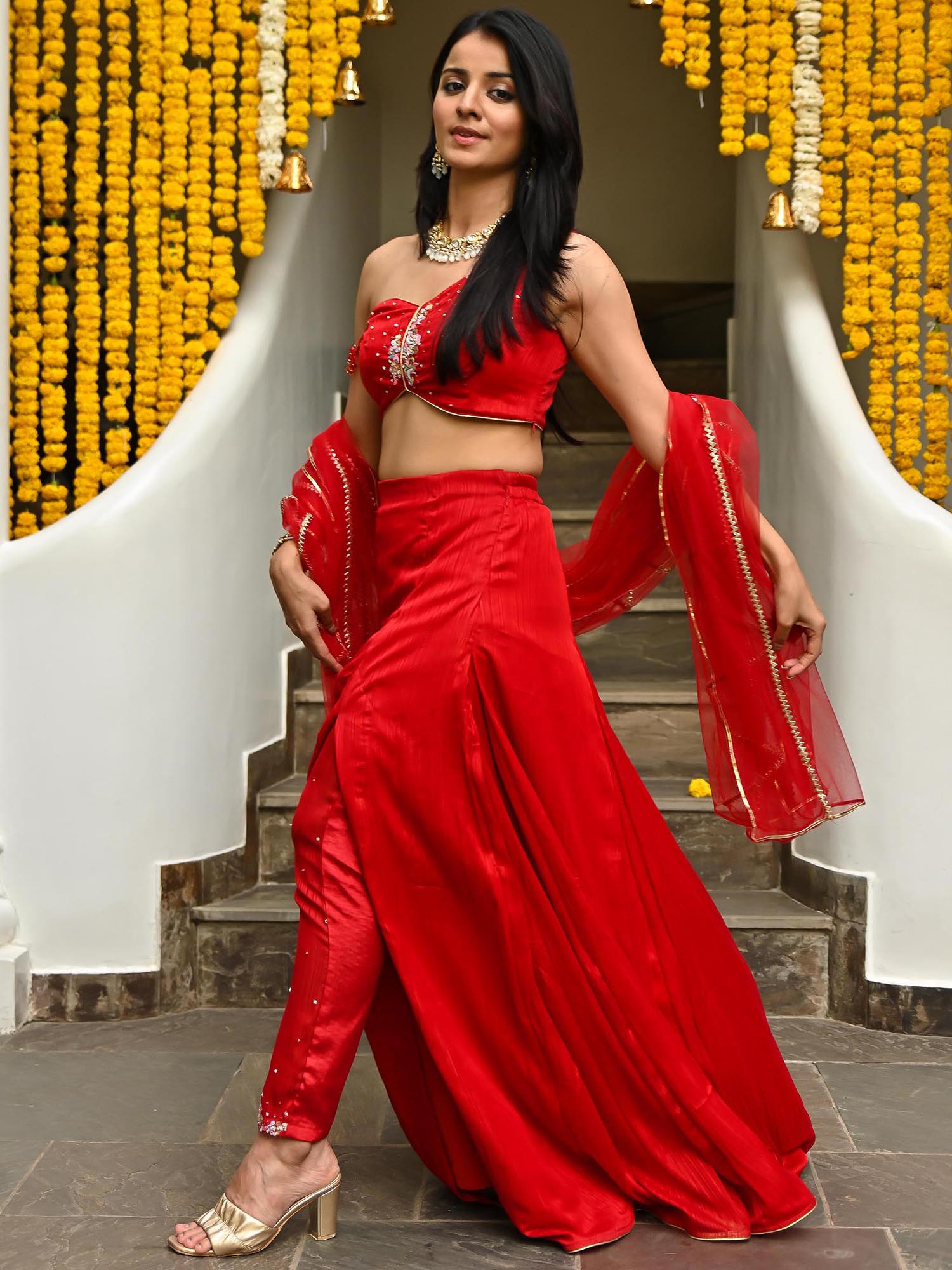 Red Slit Lehenga