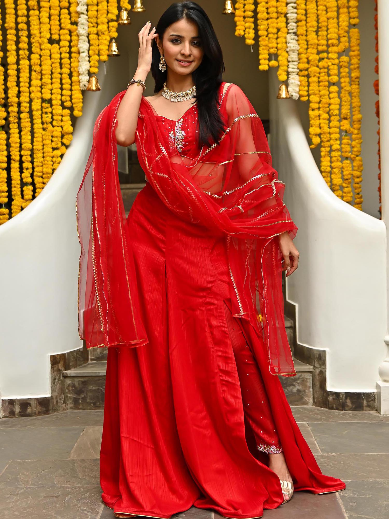 Red Slit Lehenga