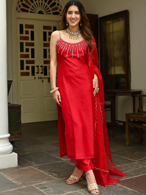 Red Embroidered Kurta Set