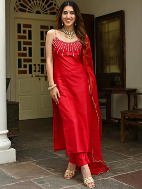 Red Embroidered Kurta Set