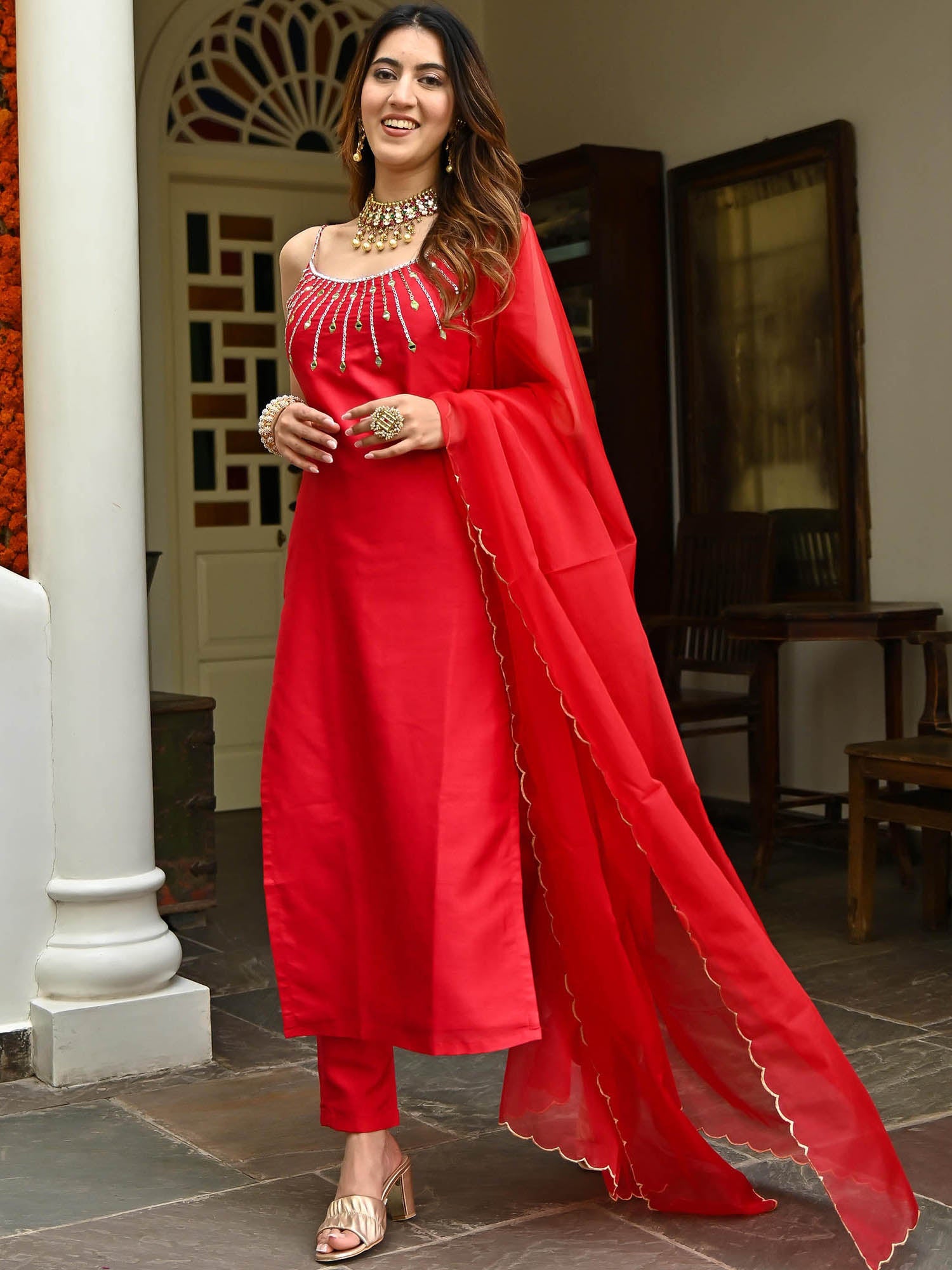 Red Embroidered Kurta Set