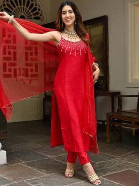 Red Embroidered Kurta Set