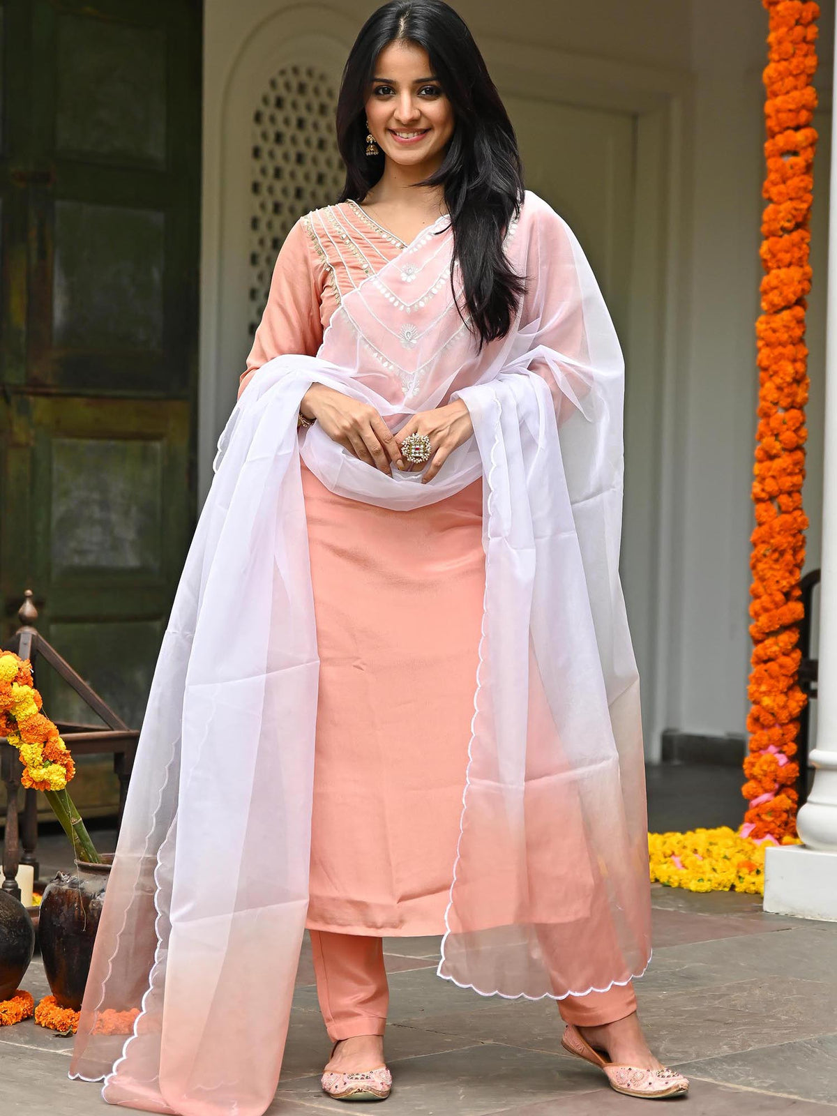 Peach Embroidered Kurta Set