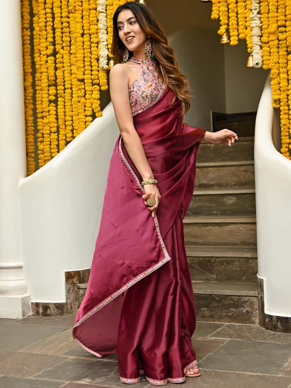 Wine Saree With Blouse