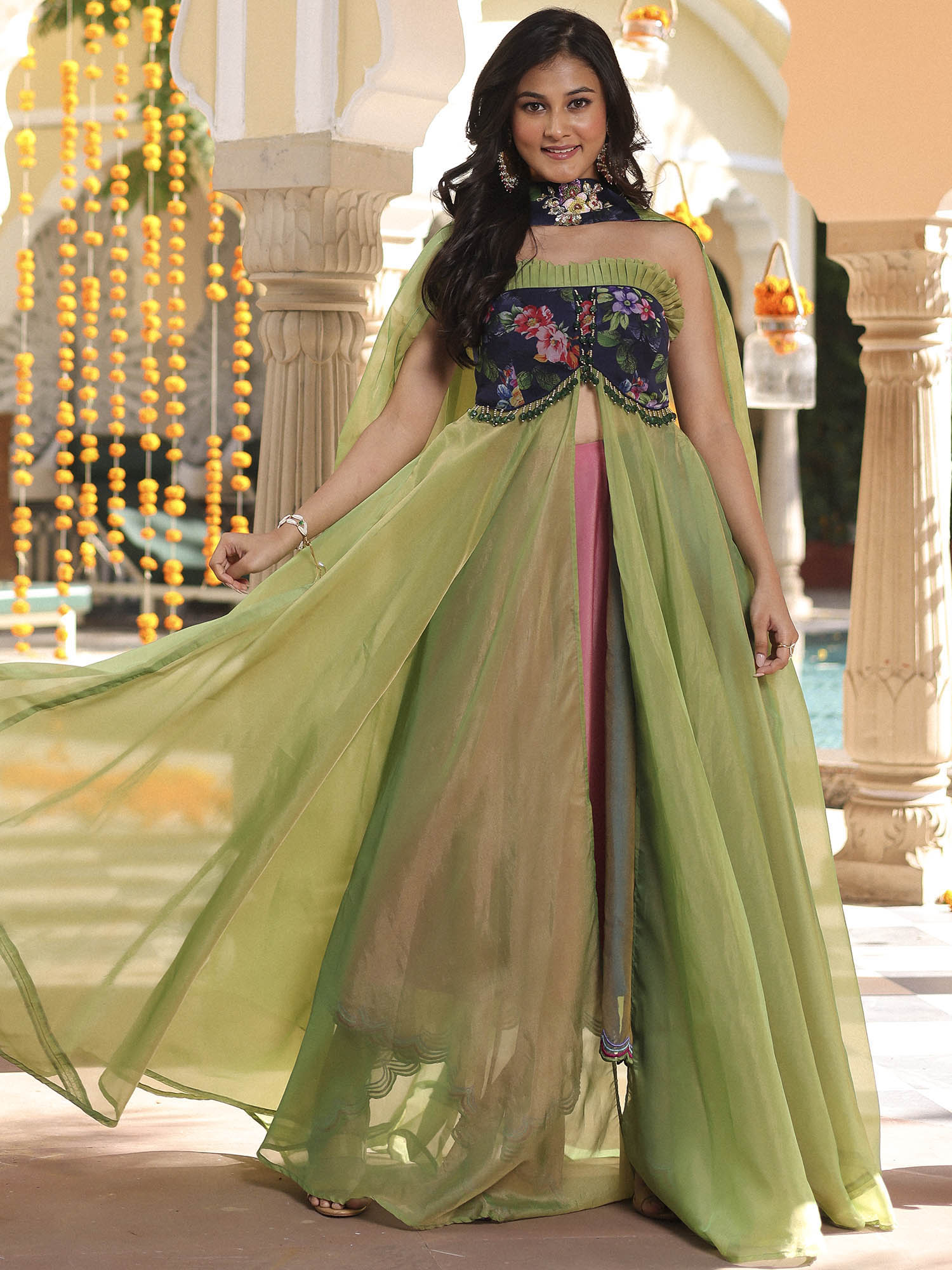 Green Anarkali Multicolor Skirt Set