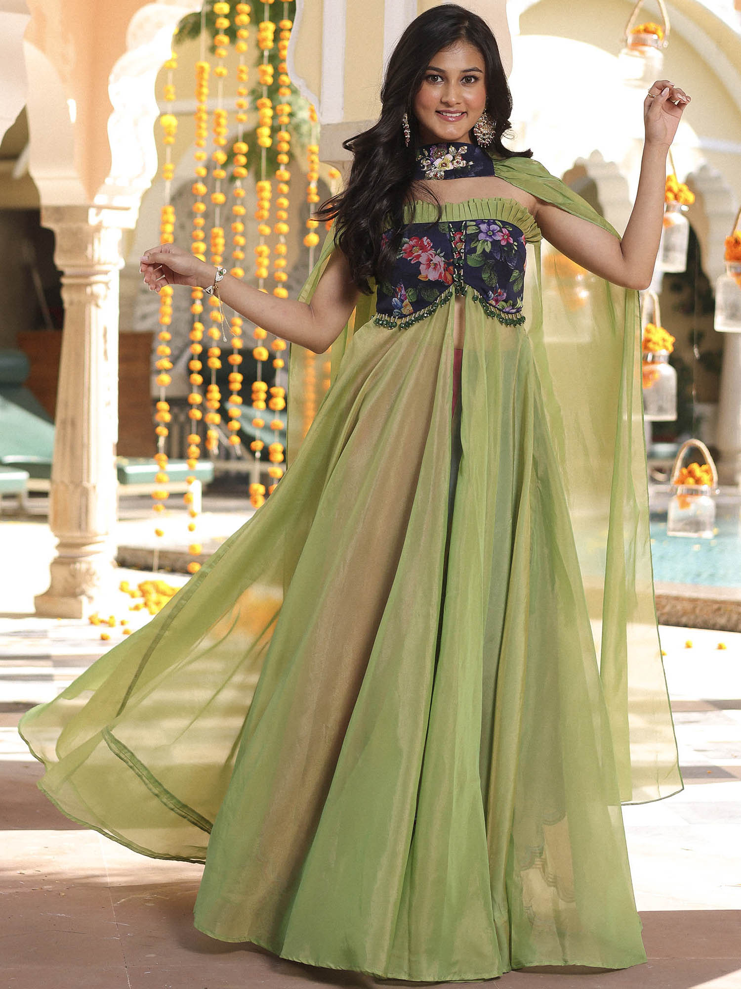 Green Anarkali Multicolor Skirt Set