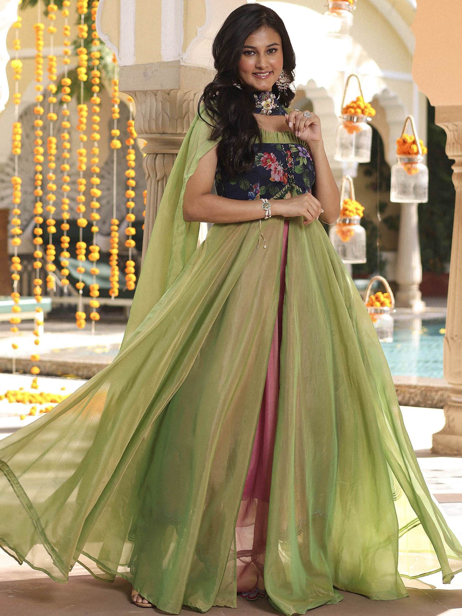 Green Anarkali Multicolor Skirt Set