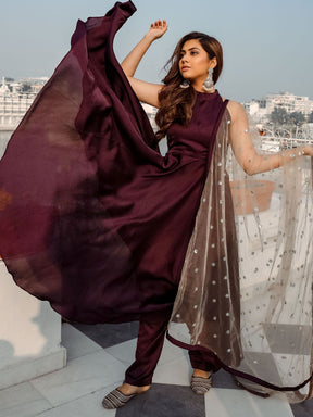 Wine Silk Dupatta Suit Set