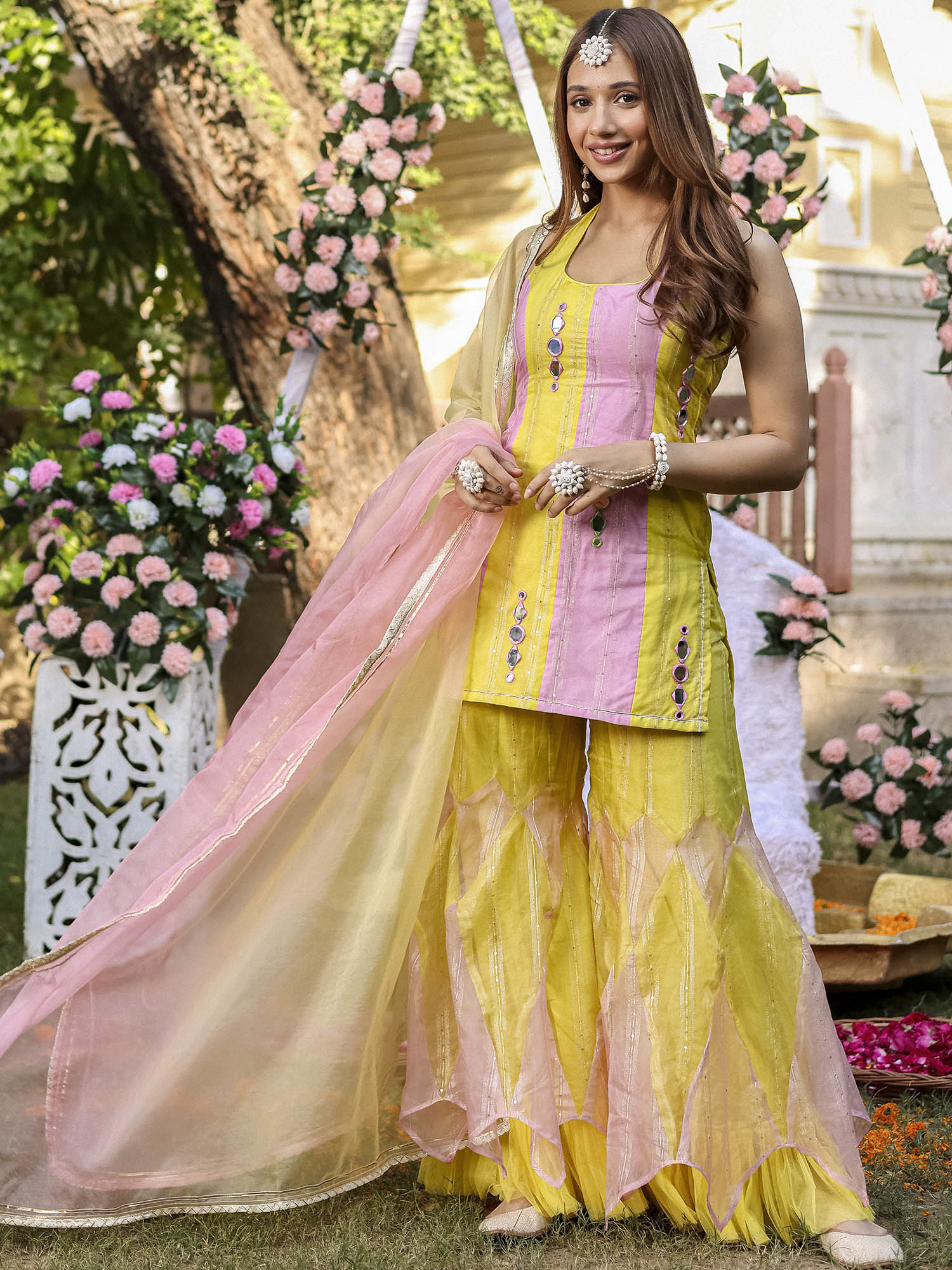 Yellow Pink Kurta Sharara Set