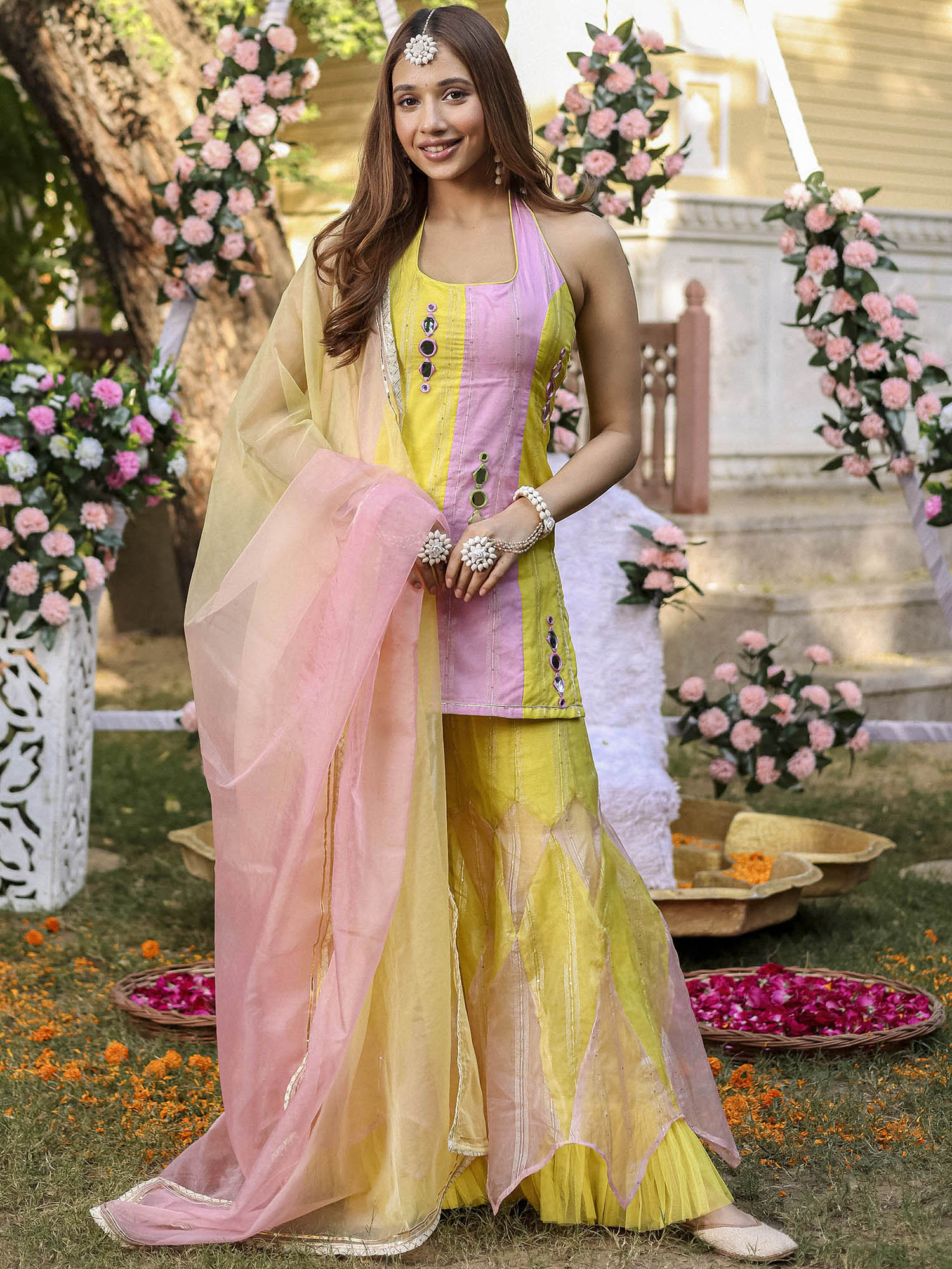 Yellow Pink Kurta Sharara Set