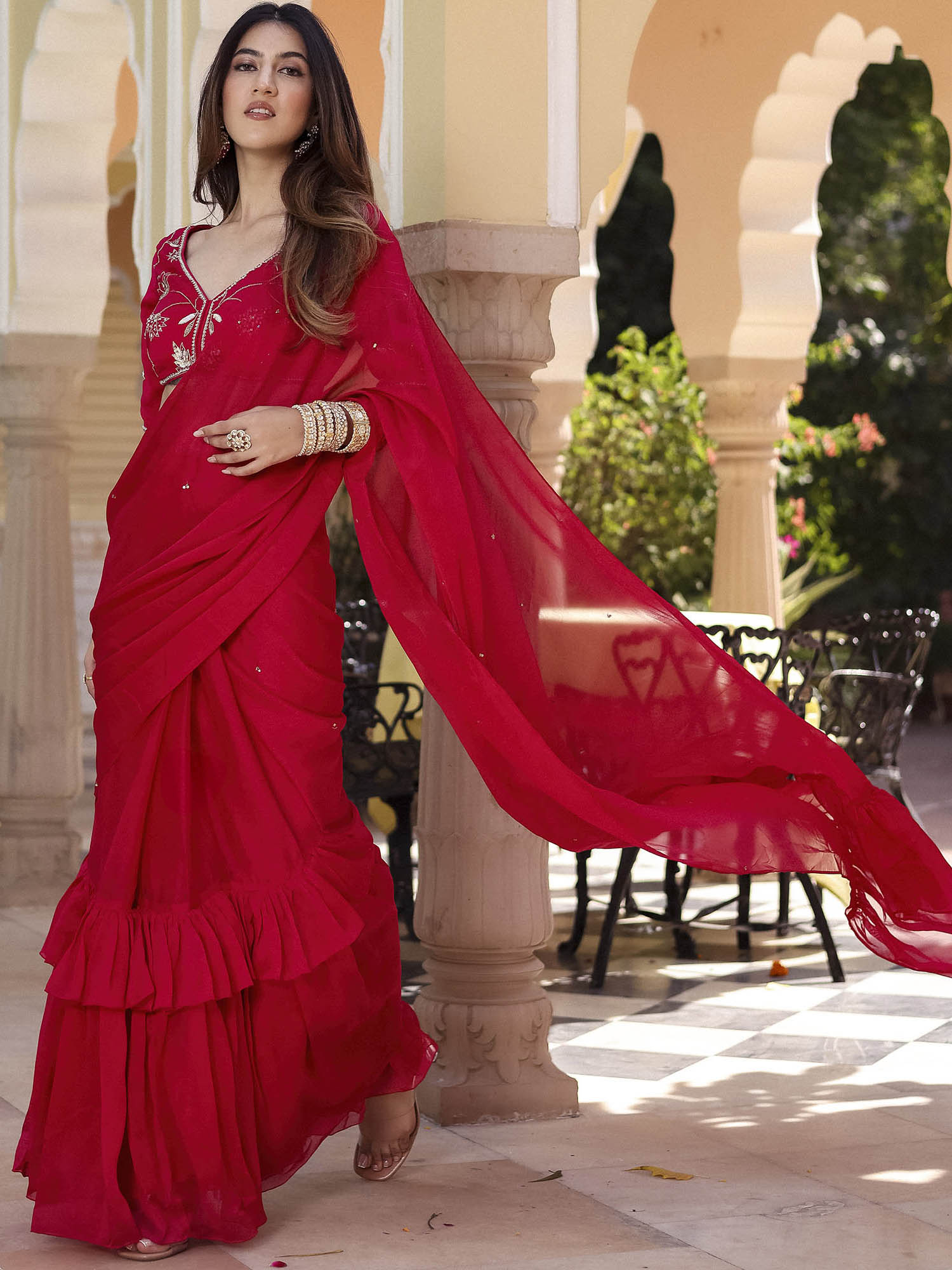 Pink Pre Draped Saree