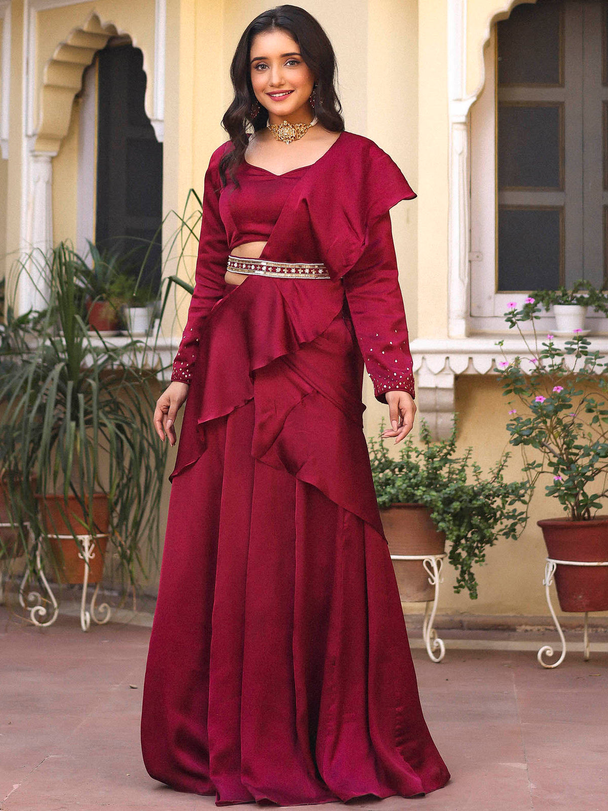 Wine Lehenga Saree