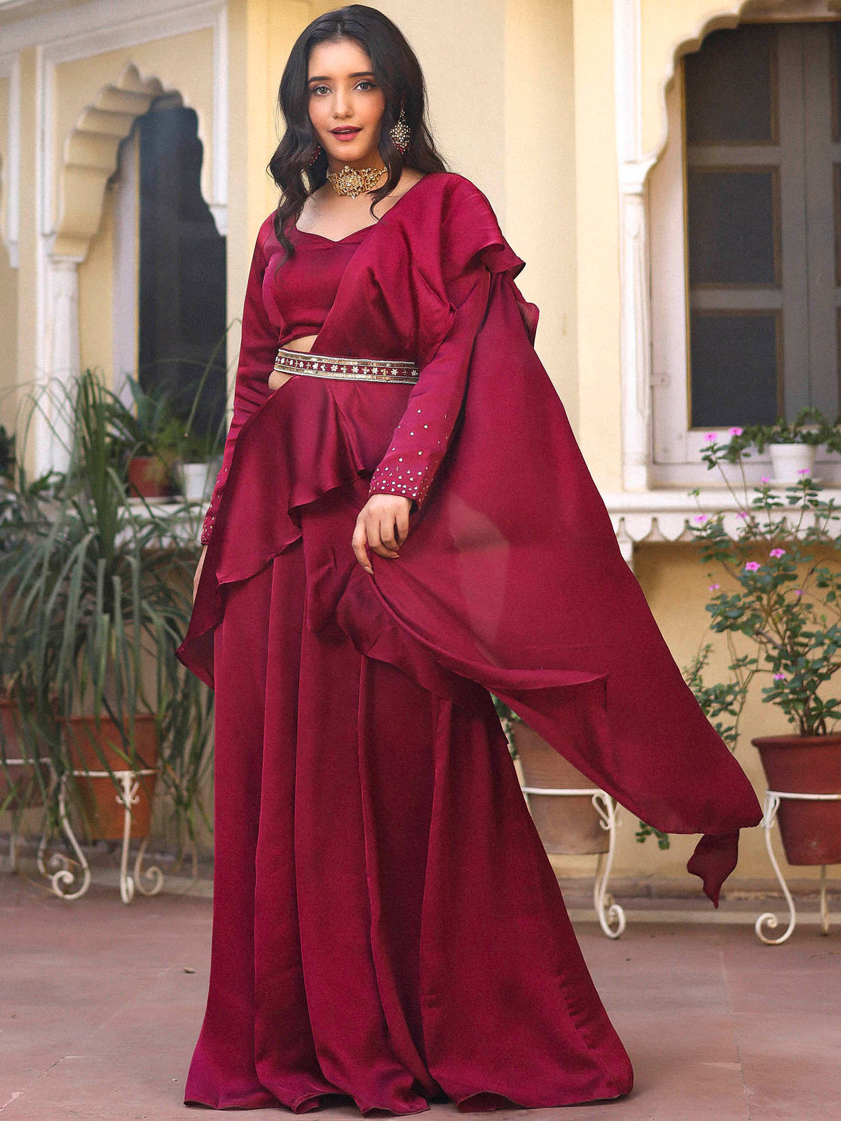 Wine Lehenga Saree