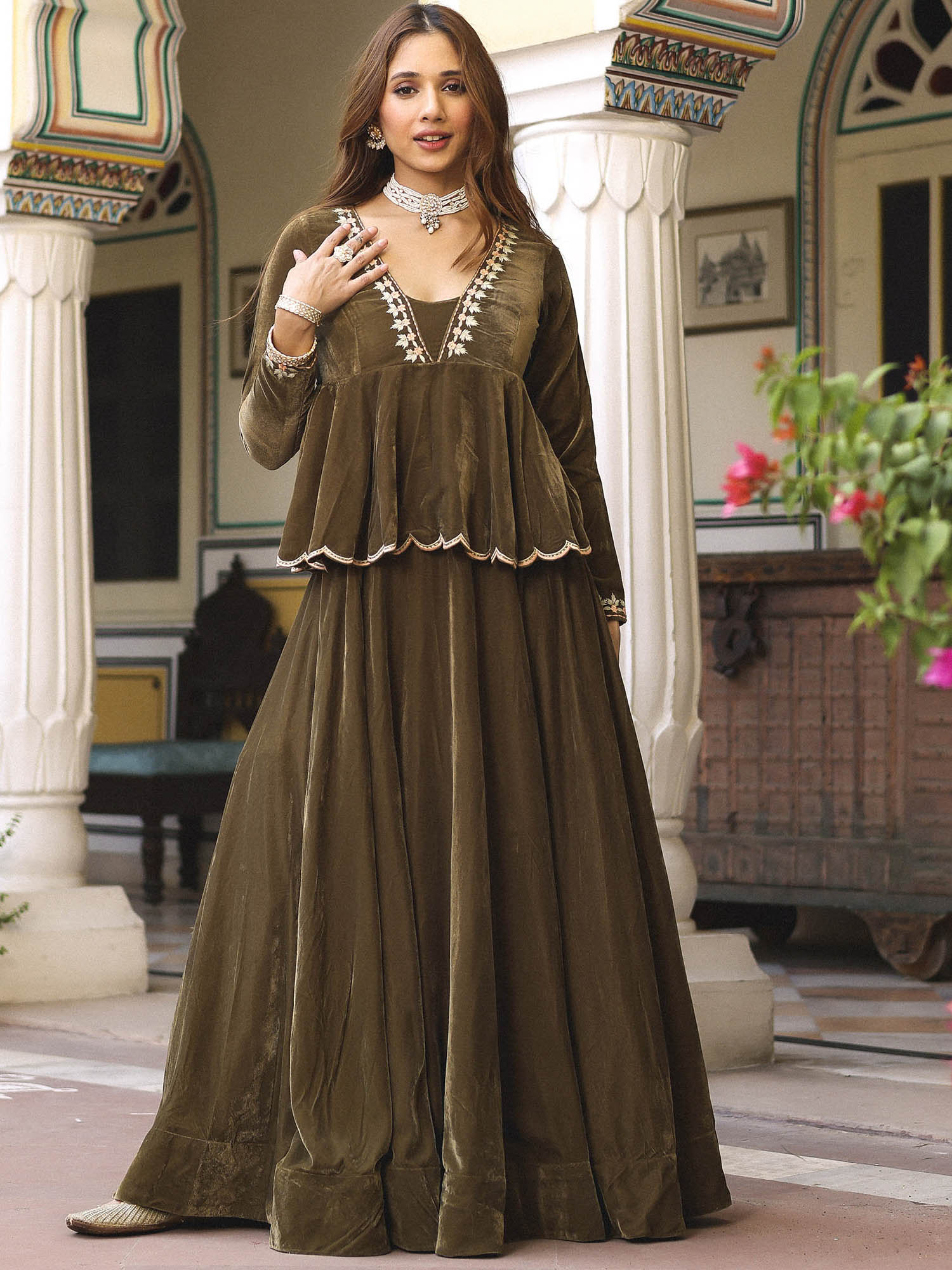 Olive Green Velvet peplum Lehenga set