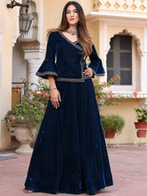 Blue Velvet Peplum Lehenga Set