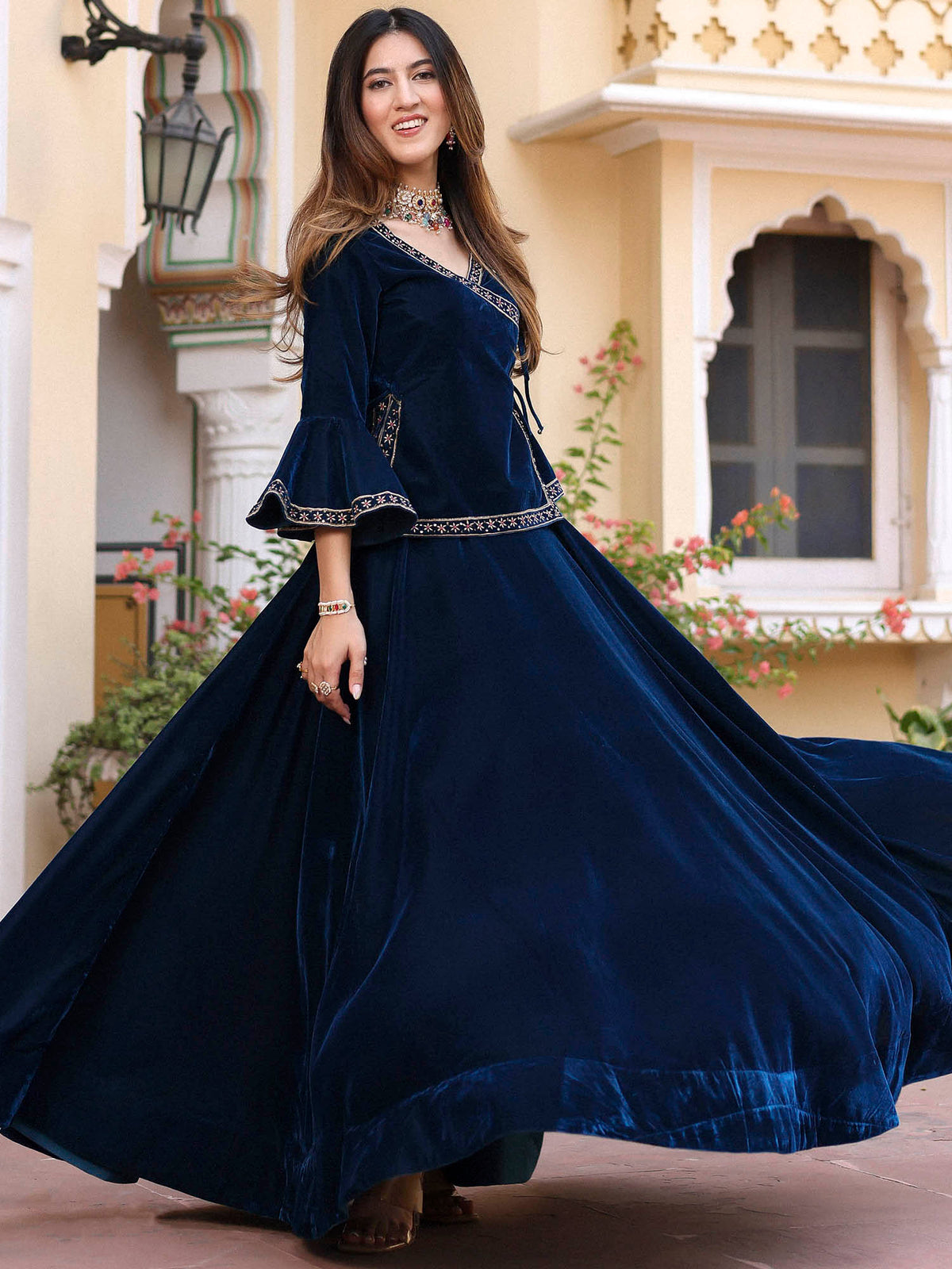 Blue Velvet Peplum Lehenga Set