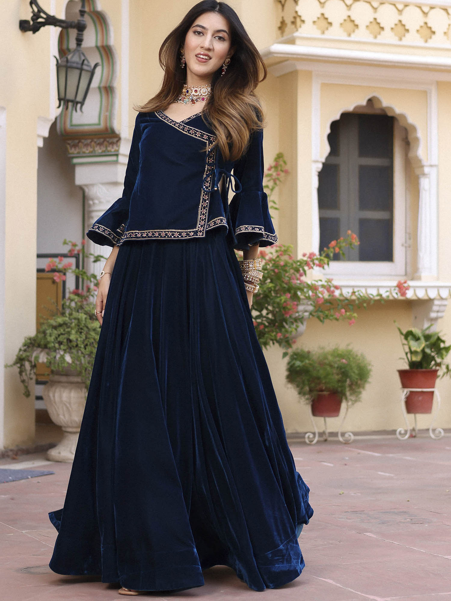 Blue Velvet Peplum Lehenga Set